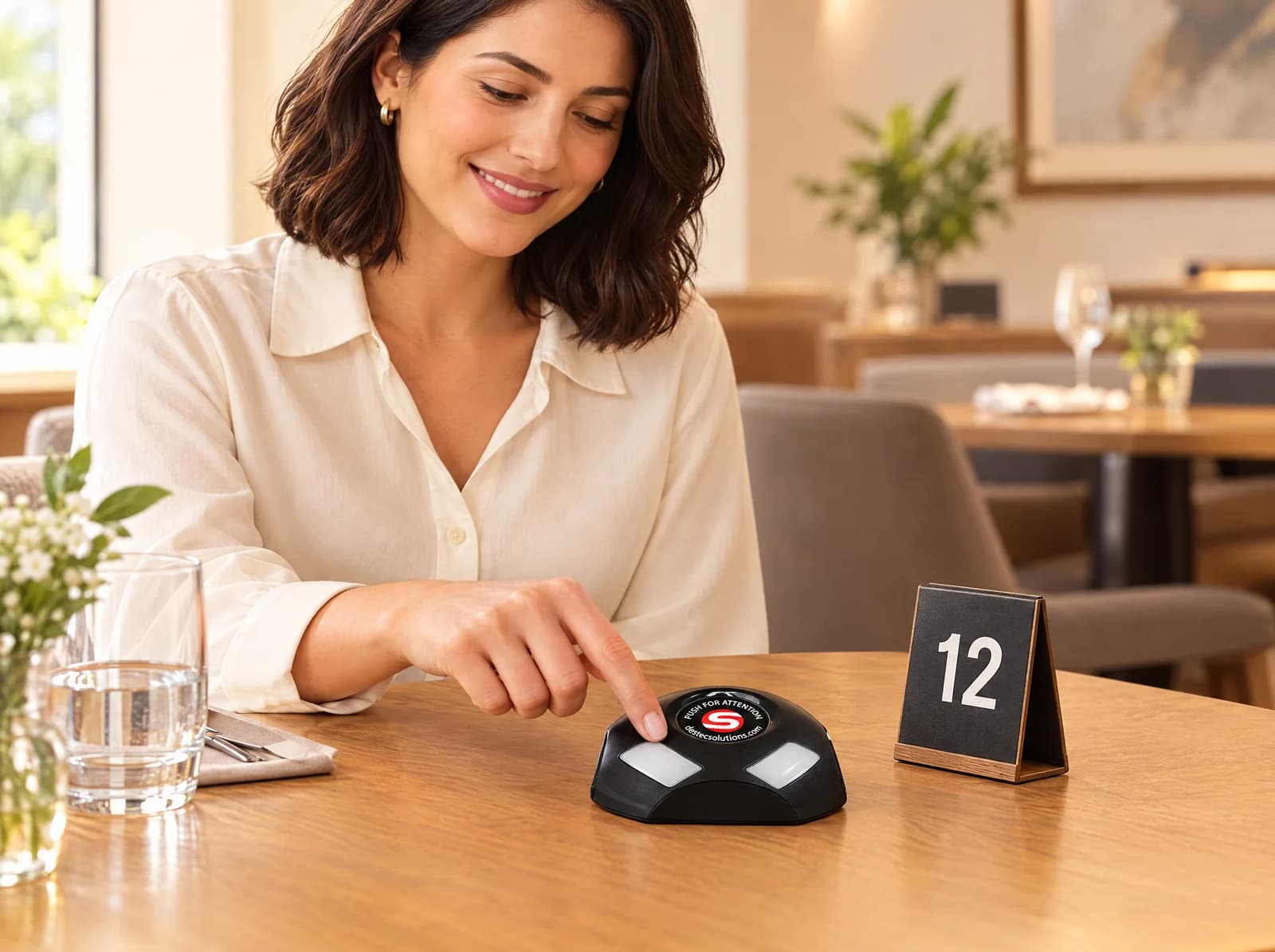 A guest presses the P1 call button beside the table 12 sign.